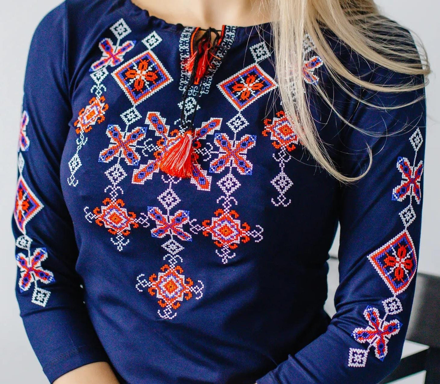 Sizes S-XXL. Navy Blue Embroidered Blouse – Traditional Ukrainian Geometric Folk Top