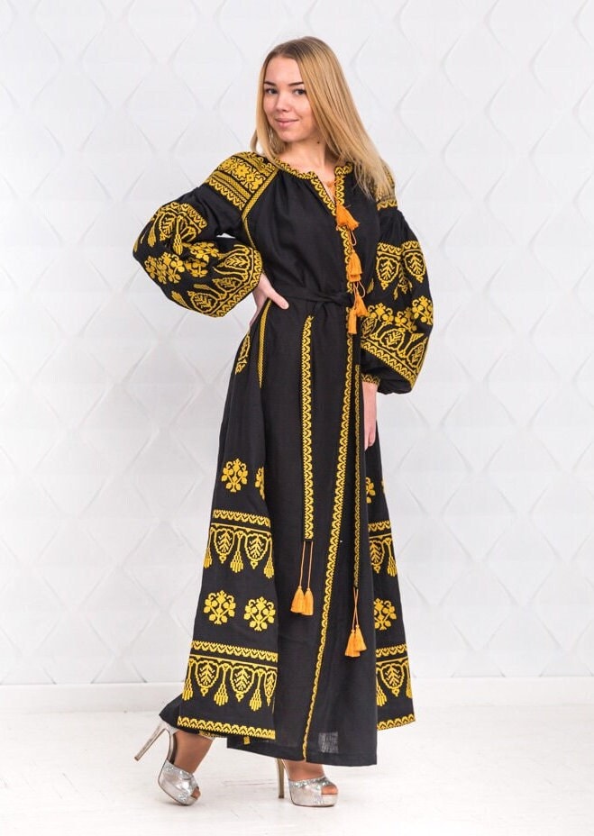 Size S! Ethnic Vyshyvanka Dress - Black Linen Embroidered Dress - Ukrainian & Mexican Boho Chic Kaftan - 100% Linen Abaya - Fashion Folk Caftan