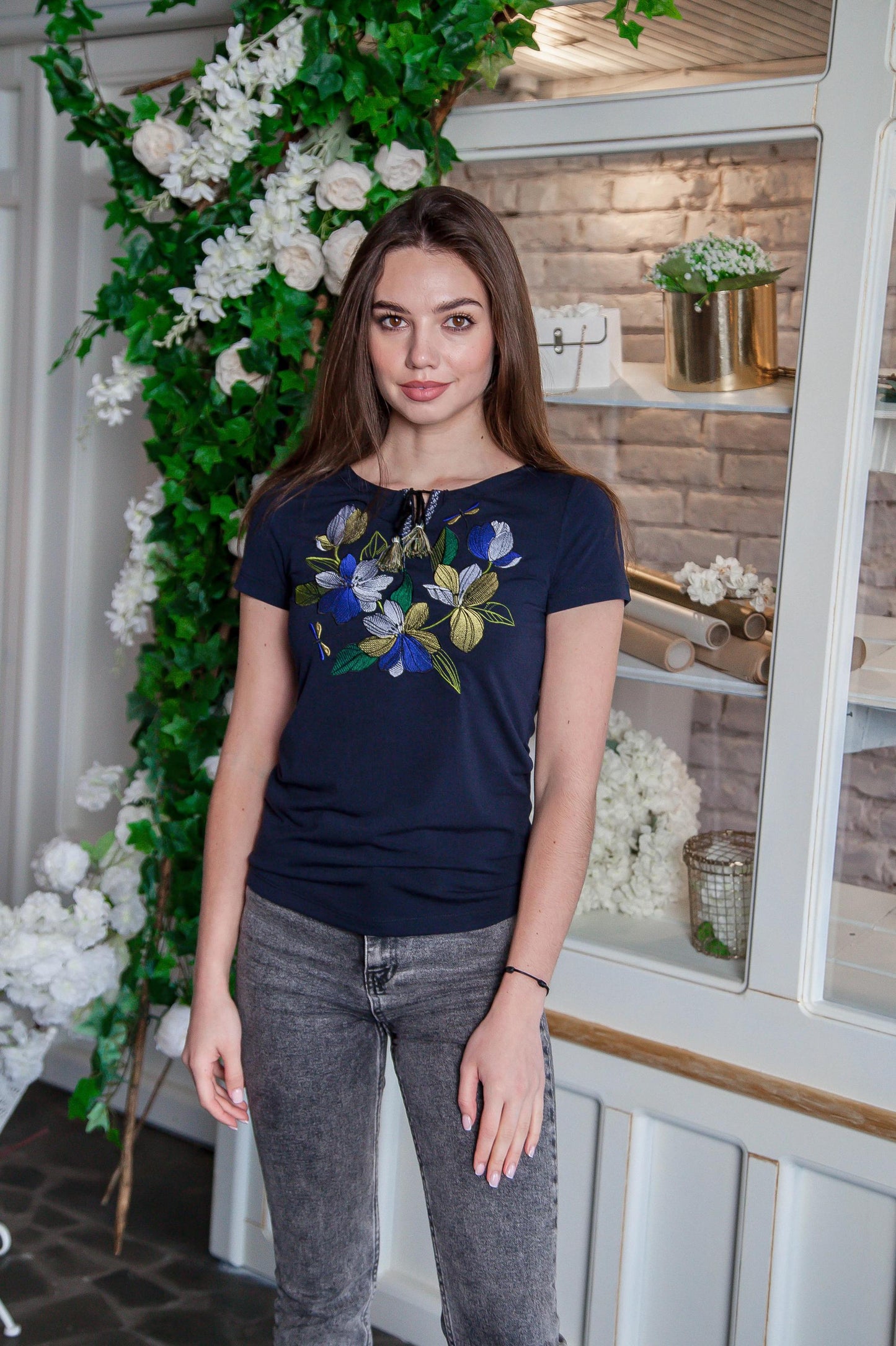 Size S. Navy Mexican Embroidered T-Shirt - Botanical Floral Embroidery Top