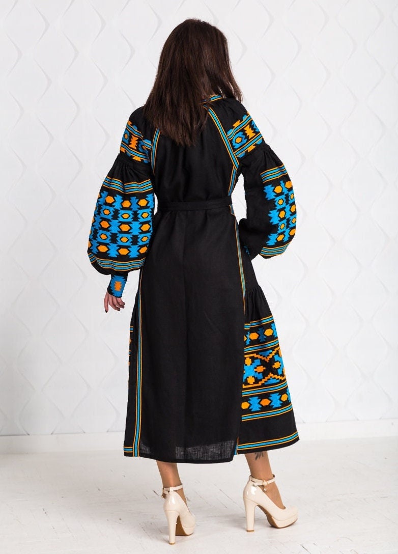 Size 2US//34EU//XS! Bohemian Embroidered Black Maxi Dress – Ukrainian Folk Long Sleeve Gown with Geometric Pattern and Tassel Detail, Handmade Ethnic Fashion