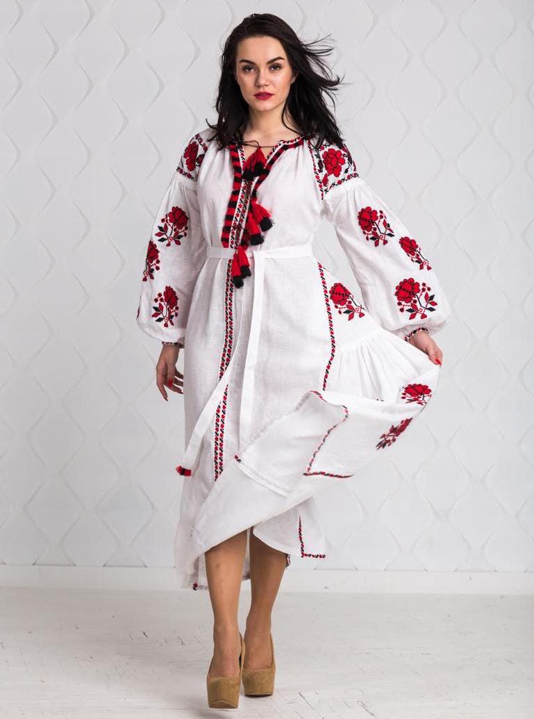 Size 8US/M! White Embroidered Maxi Dress - Bohemian Ukrainian Vyshyvanka - Traditional Folk Linen Gown
