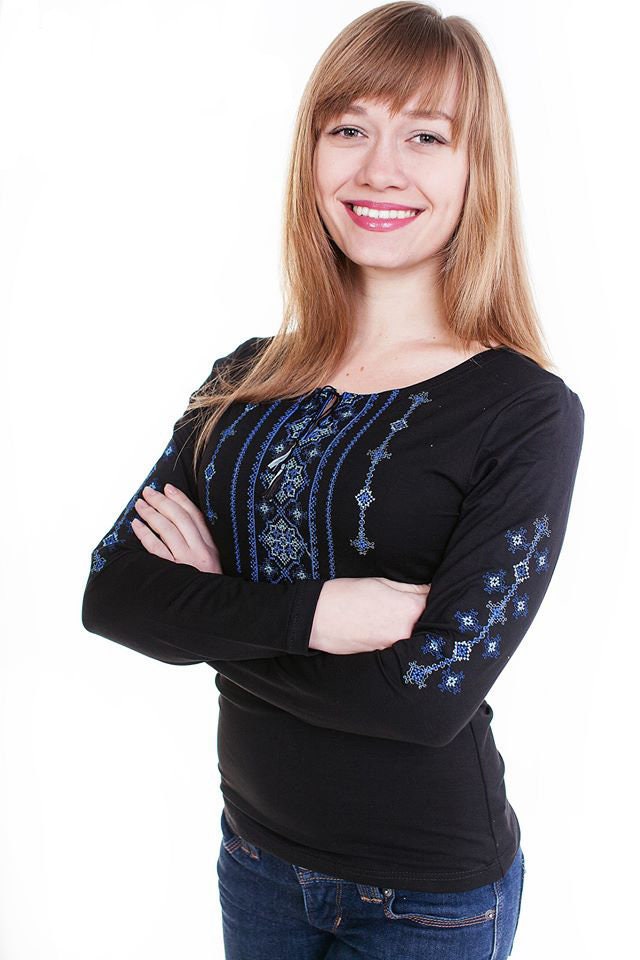 Size XL. Embroidered Boho Shirt with Long Sleeves. Black and Blue Women's Top. Vyshyvanka Tee. Birthday Gift for Her. Clothing Gifts for Women