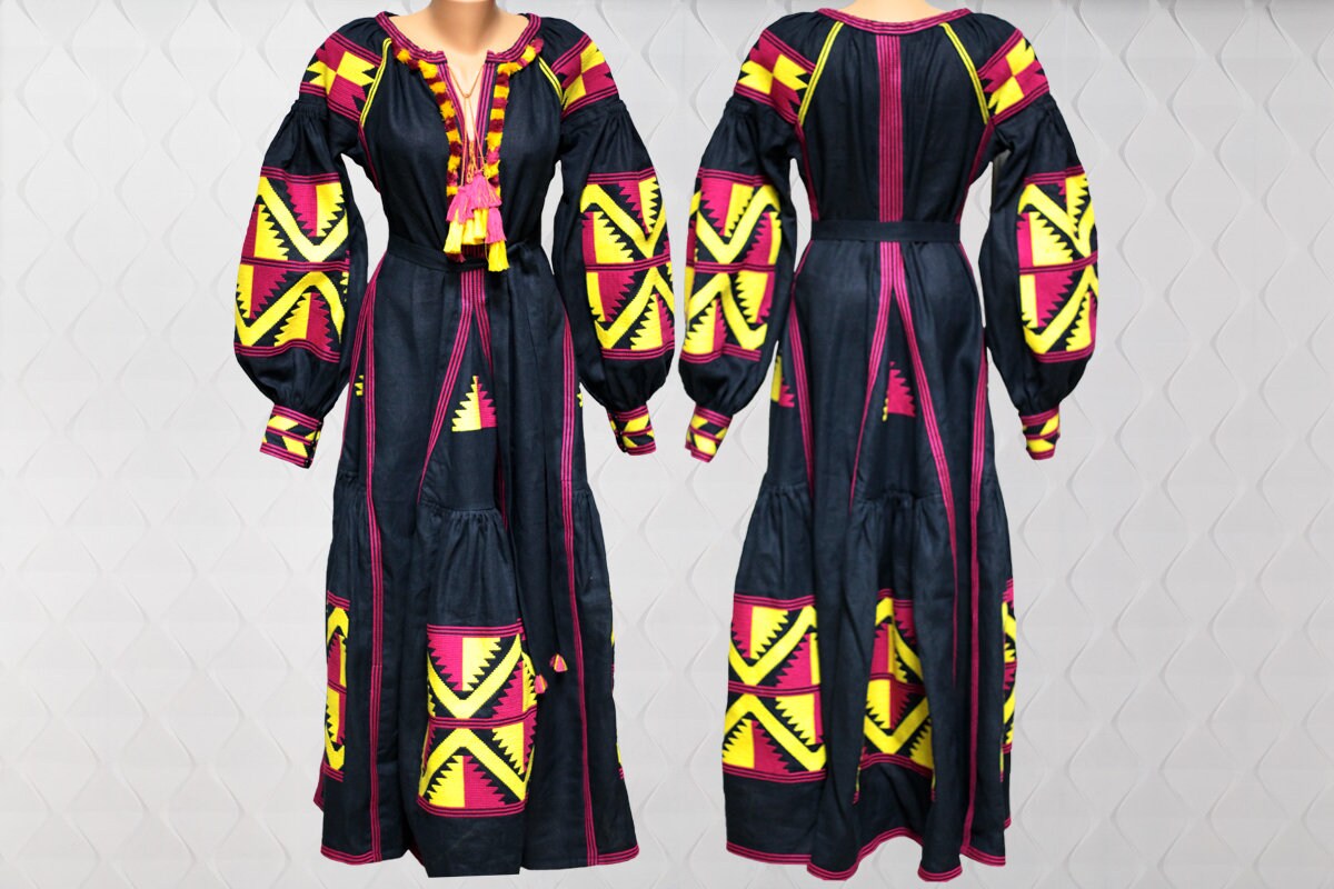 Size 4US/S! Bohemian Maxi Embroidered Dress – Black Ukrainian Folk Dress with Bold Pink and Yellow Geometric Embroidery and Tassel Accents