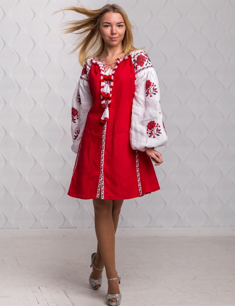 Size 4US! Red Floral Embroidered Linen Dress - Ukrainian Folk Vyshyvanka