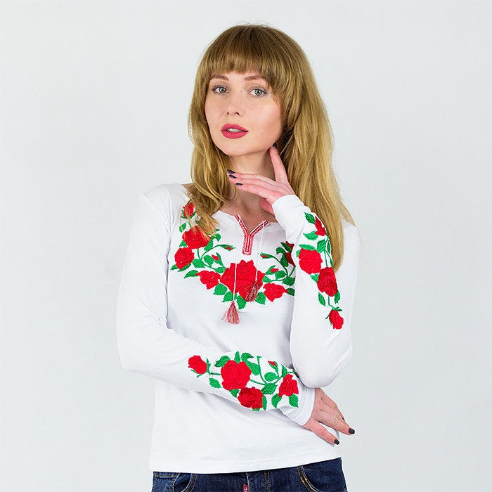 Sizes S,L,3XL. White Blouse with Red Rose Embroidery - Ukrainian Floral Folk Shirt