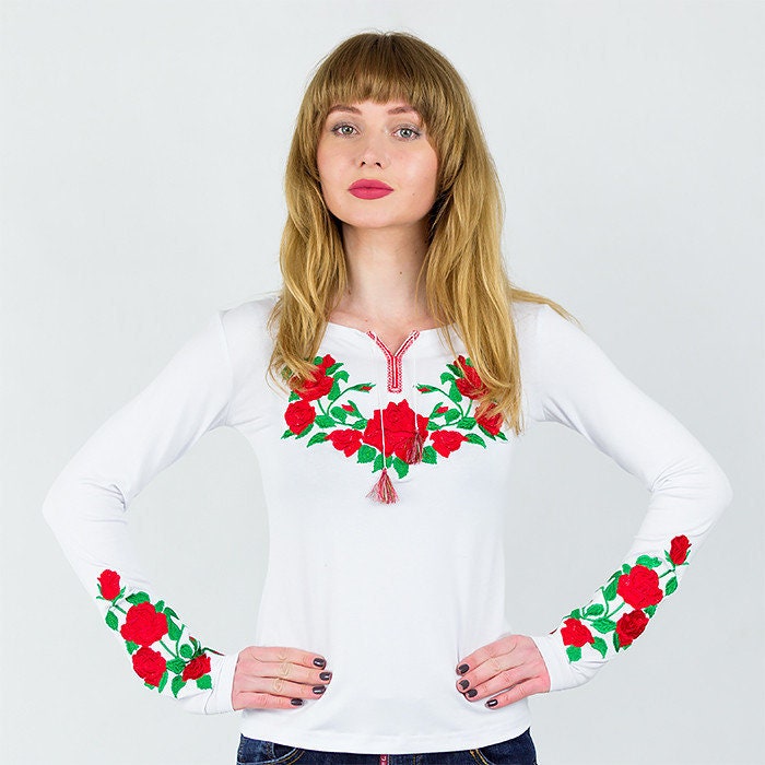 Sizes S,L,3XL. White Blouse with Red Rose Embroidery - Ukrainian Floral Folk Shirt