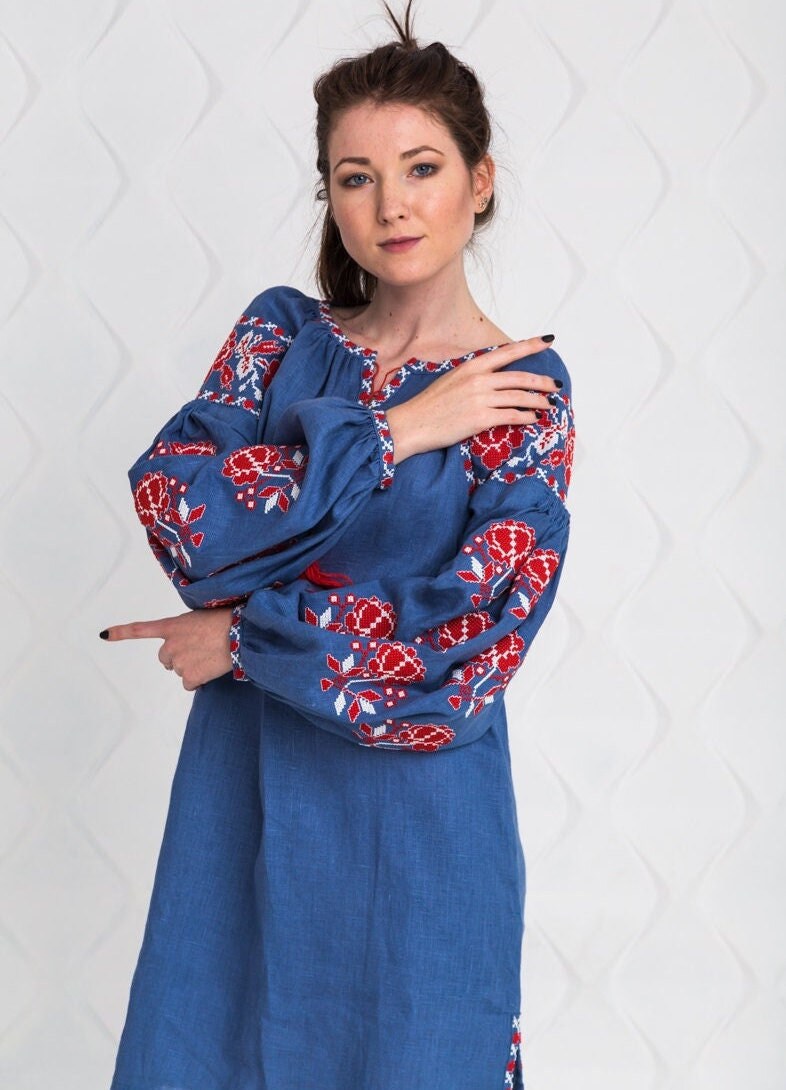Size 8US//40EU! Denim Linen Vyshyvanka Tunic with Floral Embroidery - Boho Chic Ethnic Dress
