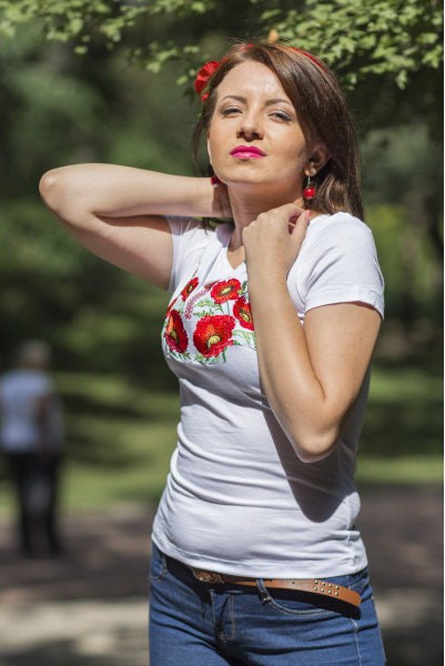 Size 3XL. White Embroidered Floral T-Shirt – Handmade Ukrainian Folk Tee with Red Poppies, Botanical Stitch, and Boho Ethnic Charm