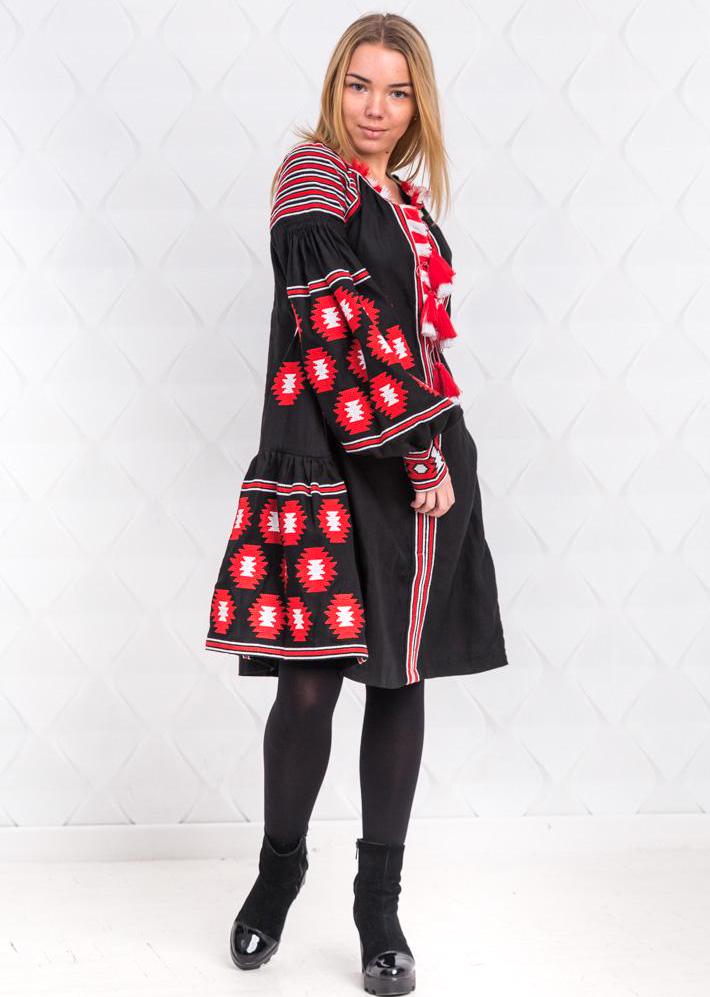 Size 4US/36EU! Red Echo – Black Ethnic Dress with Bold Ukrainian Embroidery - Vyshyvanka Kaftan - Ethnic Folk Chic Abaya