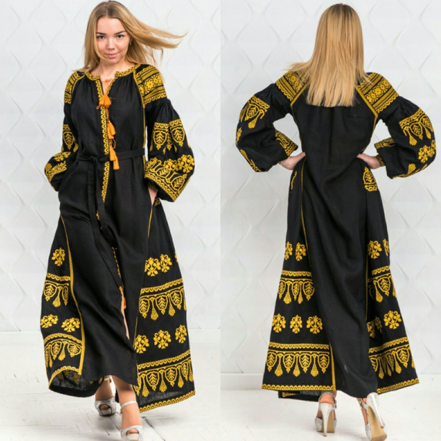 Size S! Ethnic Vyshyvanka Dress - Black Linen Embroidered Dress - Ukrainian & Mexican Boho Chic Kaftan - 100% Linen Abaya - Fashion Folk Caftan