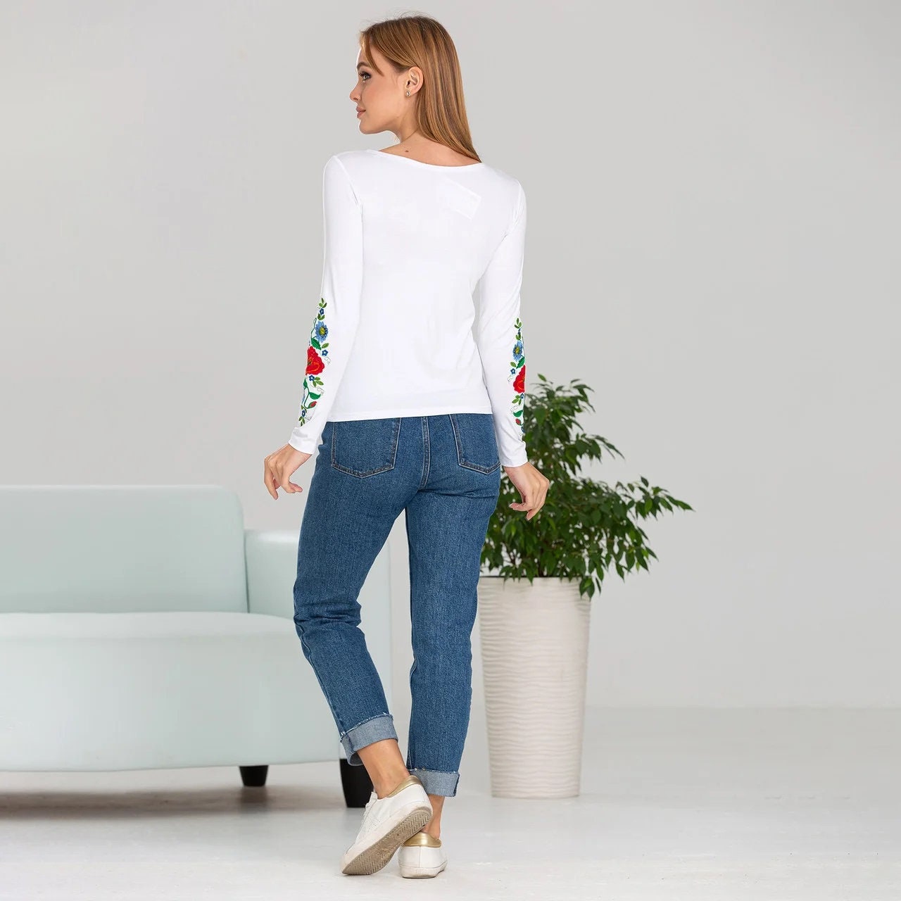 Sizes L-XXL. White Blouse with Red Poppy and Cornflower Embroidery - Folk Long Sleeve Top