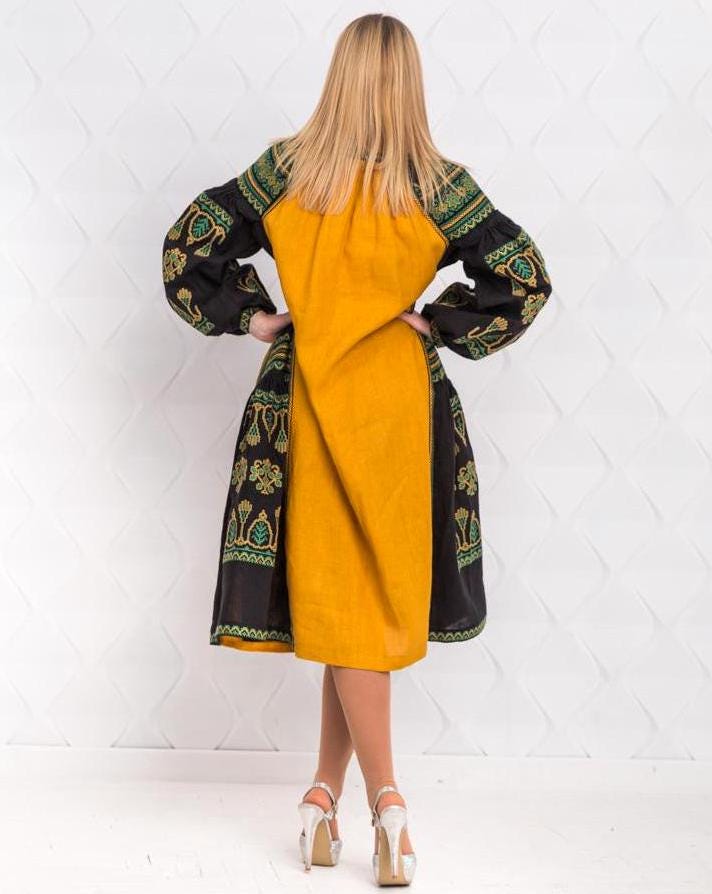 Size S! Mustard Boho Dress - Embroidered Linen Ukrainian Kaftan - Bohemian Chic Traditional Dress - Mexican Ethnic Outfit