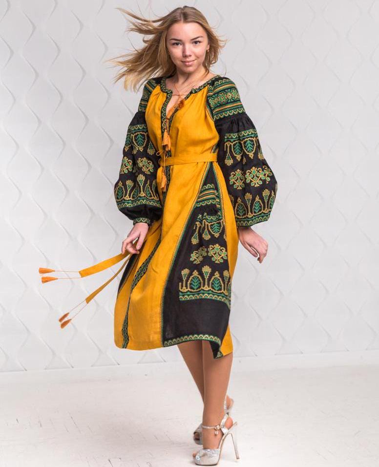 Size S! Mustard Boho Dress - Embroidered Linen Ukrainian Kaftan - Bohemian Chic Traditional Dress - Mexican Ethnic Outfit