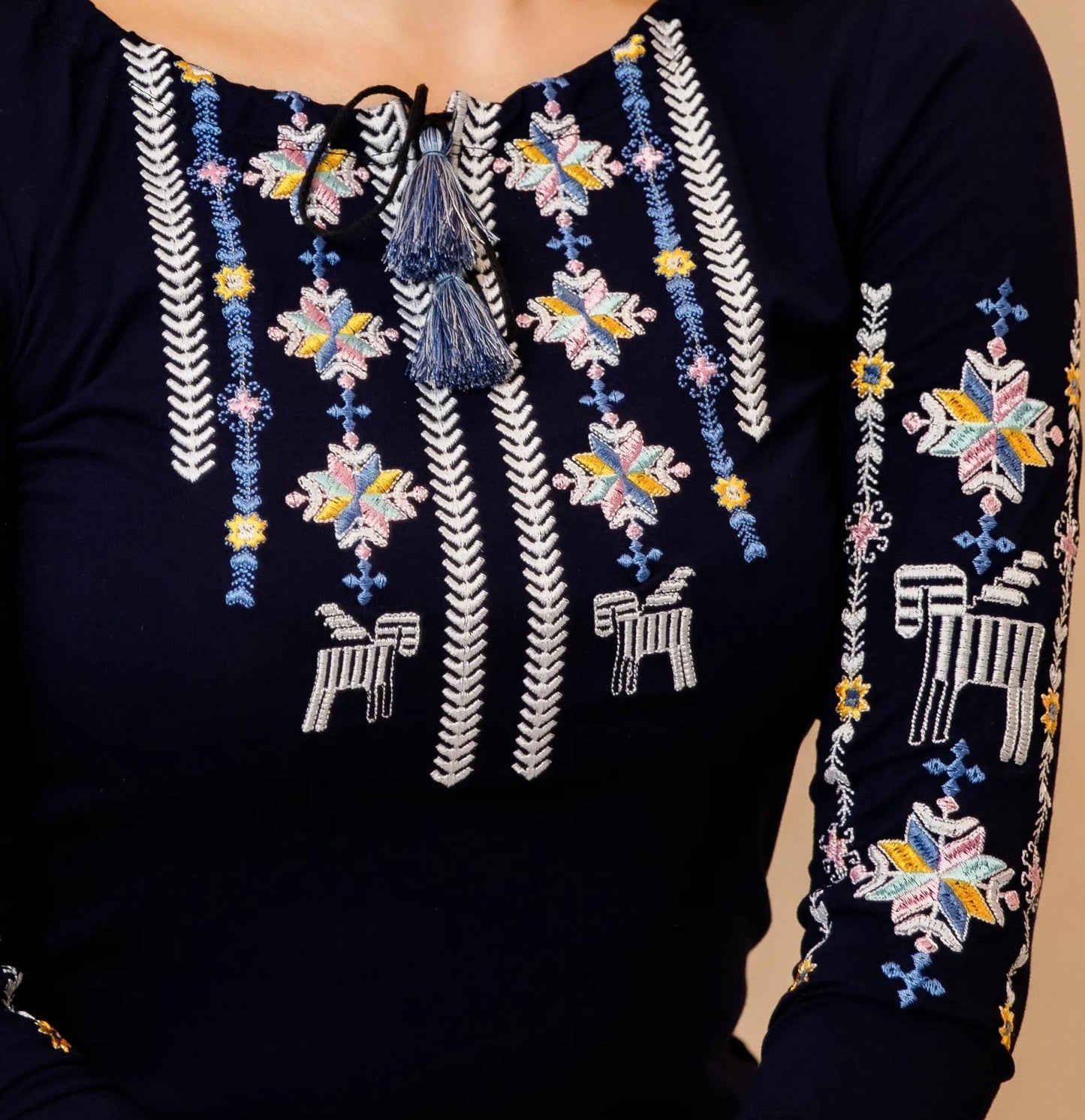 Sizes S-4XL. Bohemian Folklore Navy Top with Intricate Embroidery - Mexican Folk Fashion T-shirt
