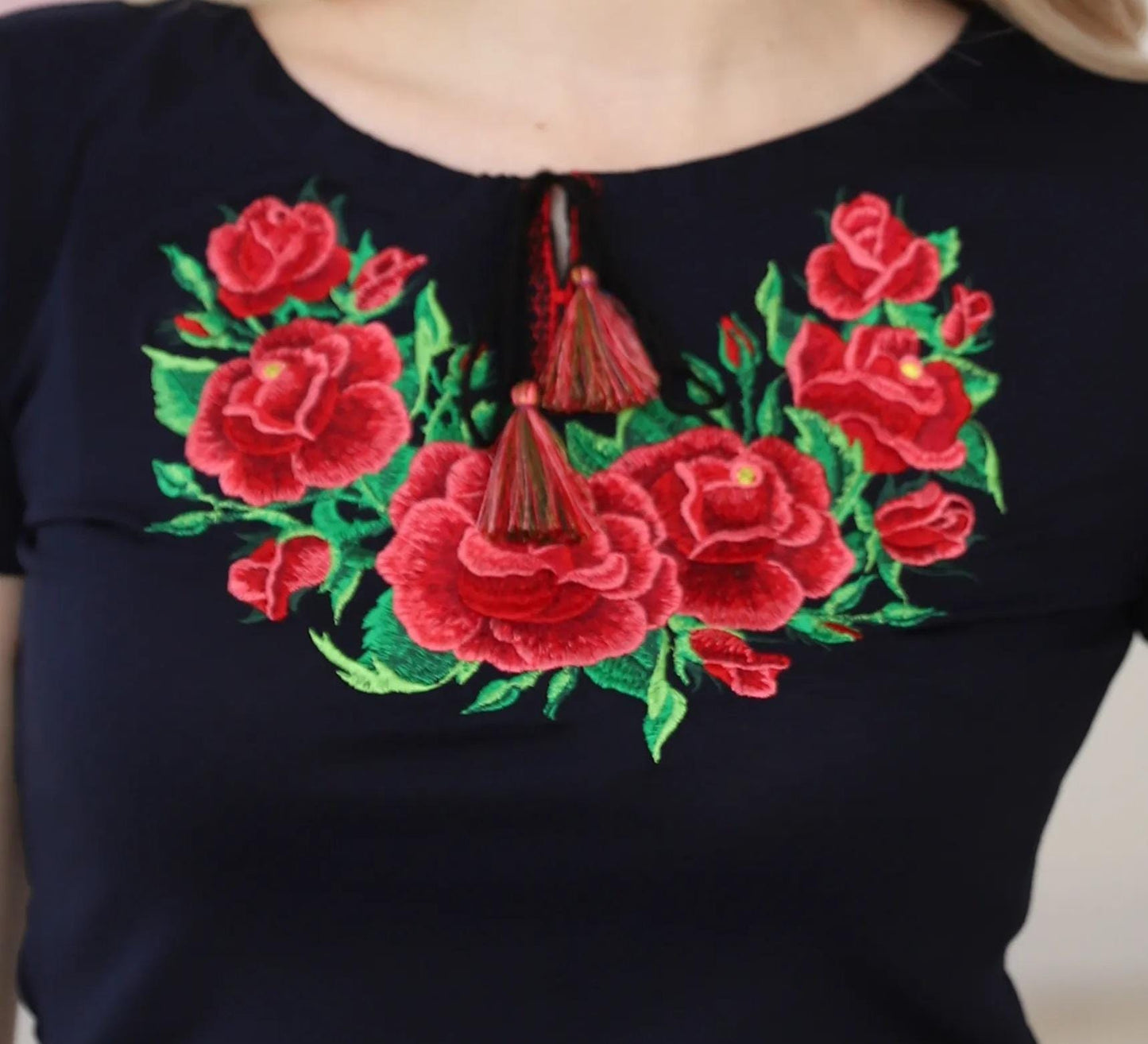 Size S. Navy T-shirt with Red Rose Embroidery - Ukrainian Floral Folk Top