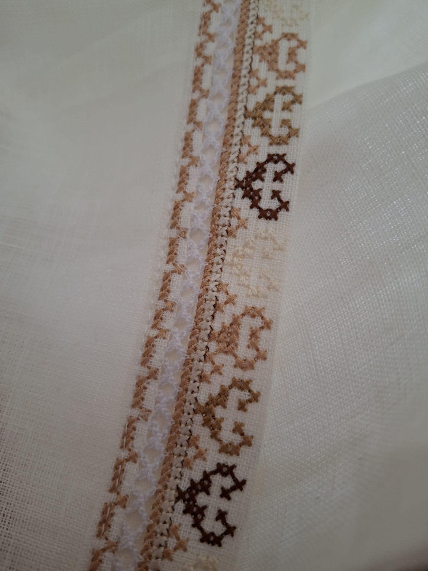 Size L! Men's White Linen Shirt with Beige Ukrainian Embroidery - Elegant Ethnic Men's Embroidered Linen Shirt