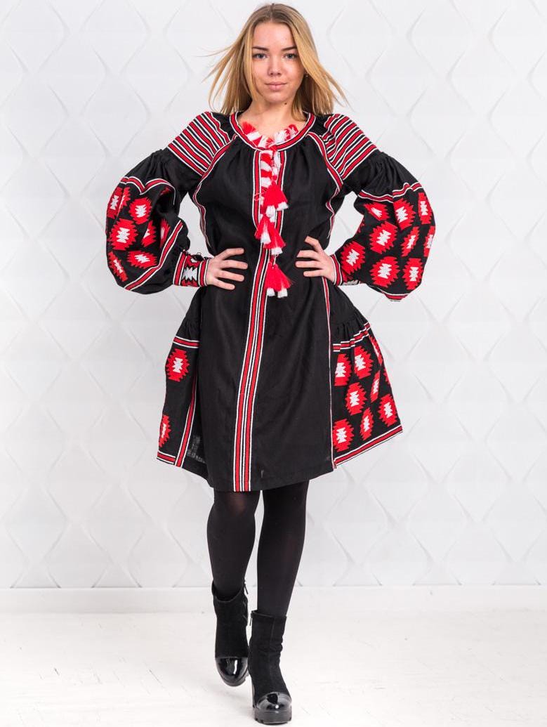 Size 4US/36EU! Red Echo – Black Ethnic Dress with Bold Ukrainian Embroidery - Vyshyvanka Kaftan - Ethnic Folk Chic Abaya