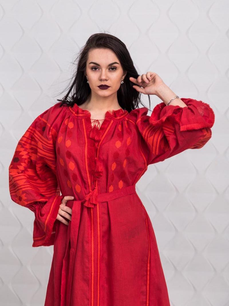 Size S/6US! Gorgeous Bohemian Red Embroidered Dress - Stylish Folk Party Maxi Dress