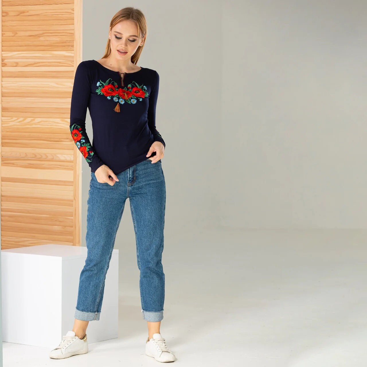 Size XL. Navy Blue Embroidered Blouse with Poppy Flowers – Ukrainian Folk Floral Long Sleeve Top