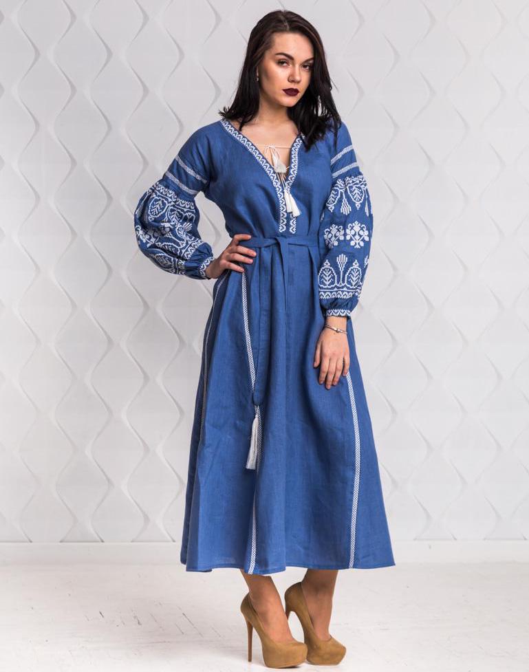 Size 4US/S! Boho Hippie Dress - Elegant Blue Linen Embroidered Dress - Bohemian Chic Maxi Kaftan