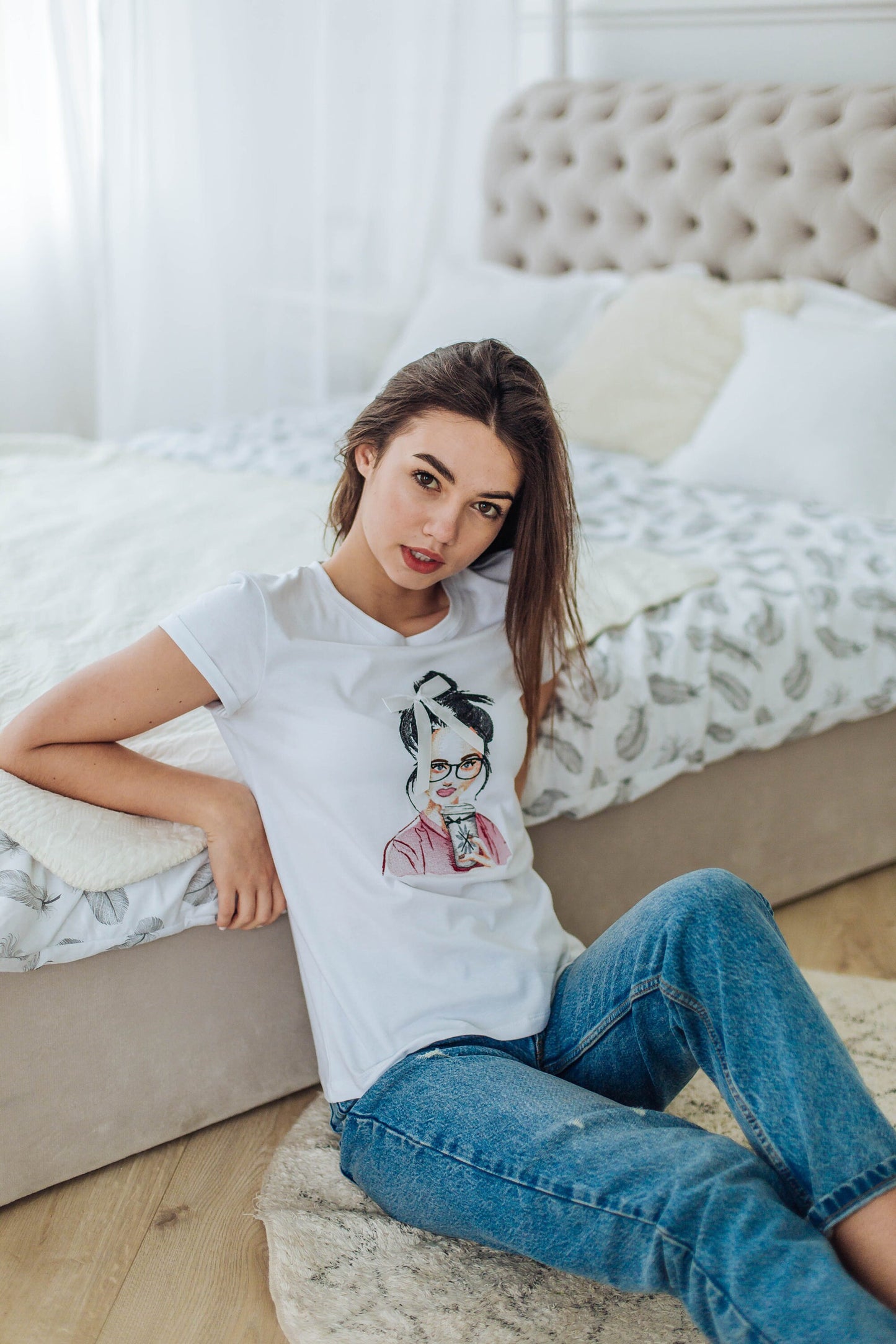 Sizes L,XXL. Casual Cute T-Shirt - White T-shirt with embroidered coffee girl illustration and bow