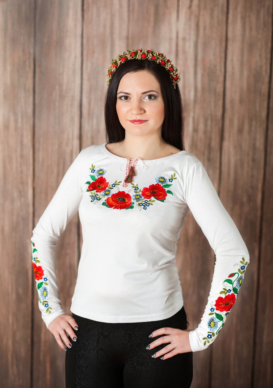 Sizes L-XXL. White Blouse with Red Poppy and Cornflower Embroidery - Folk Long Sleeve Top