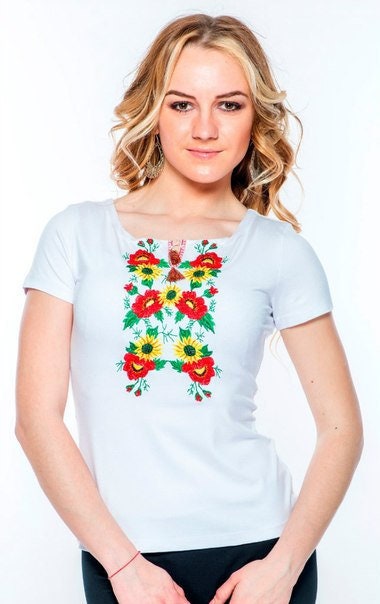 Sizes S,XL,XXL. White T-Shirt with Floral Embroidery - Mexican Sunflower Blouse