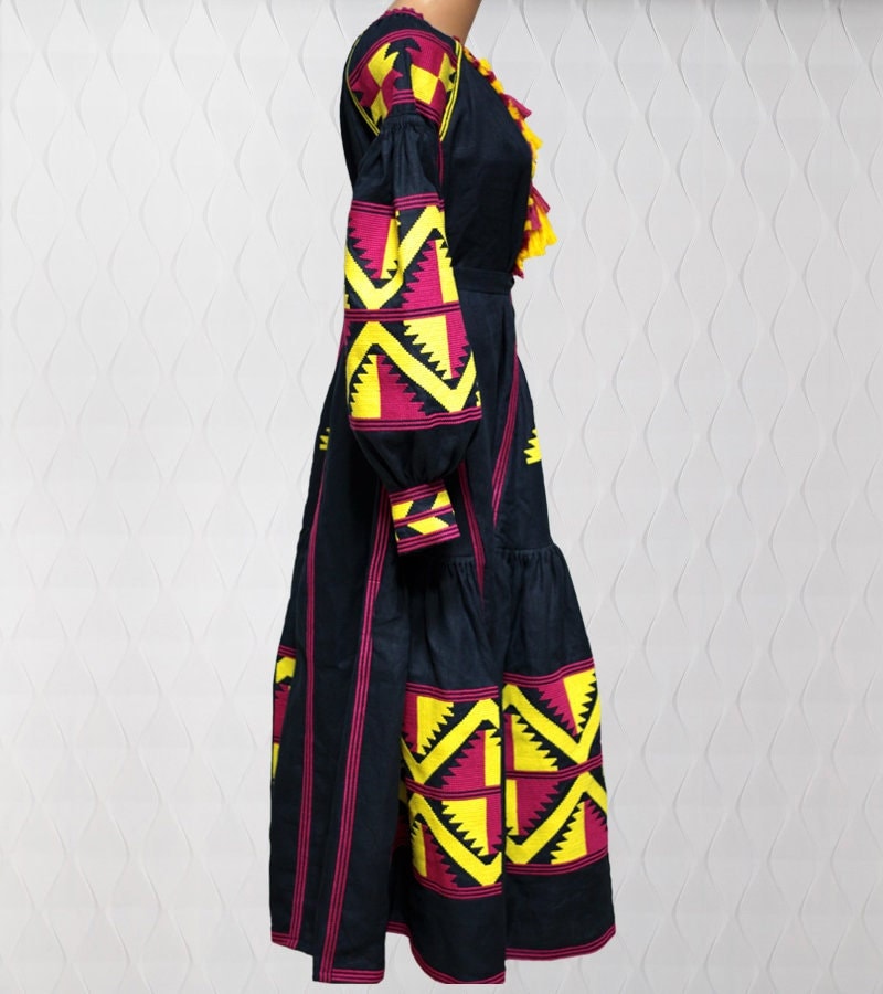 Size 4US/S! Bohemian Maxi Embroidered Dress – Black Ukrainian Folk Dress with Bold Pink and Yellow Geometric Embroidery and Tassel Accents