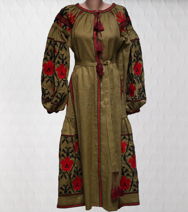 Size M! Bohemian Chic Olive Linen Embroidered Dress. Folk Style Maxi Dress with Red Floral. Handmade Ethnic Kaftan. Traditional Gypsy Abaya Dress