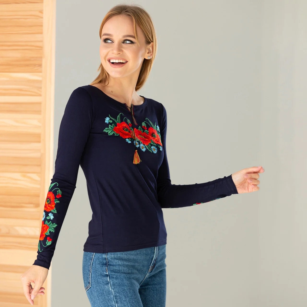 Size XL. Navy Blue Embroidered Blouse with Poppy Flowers – Ukrainian Folk Floral Long Sleeve Top