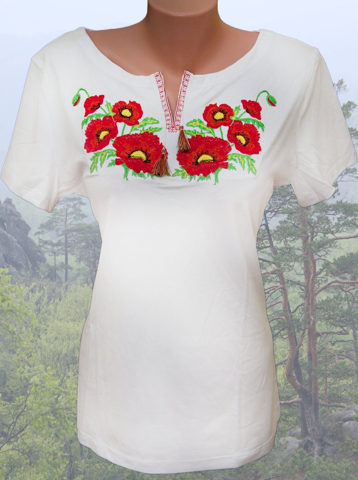 Size 3XL. White Embroidered Floral T-Shirt – Handmade Ukrainian Folk Tee with Red Poppies, Botanical Stitch, and Boho Ethnic Charm