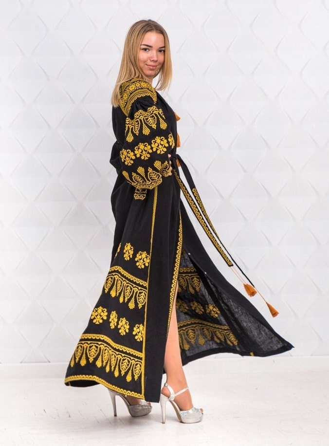 Size S! Ethnic Vyshyvanka Dress - Black Linen Embroidered Dress - Ukrainian & Mexican Boho Chic Kaftan - 100% Linen Abaya - Fashion Folk Caftan