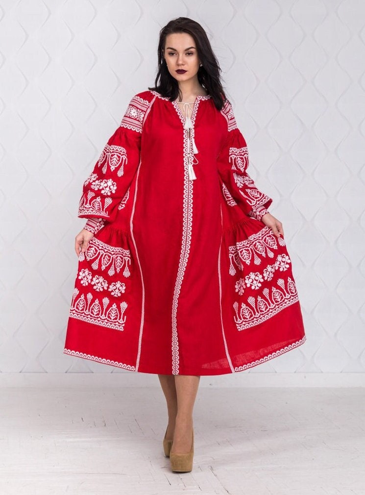 Size 6US! Embroidered Red Midi Dress - Ukrainian White Embroidery Boho Dress - Chic Stylish Midi Outfit