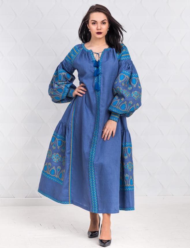 Size M! Blue Linen Embroidered Dress with Tassels - Ukrainian Folk Maxi Dress