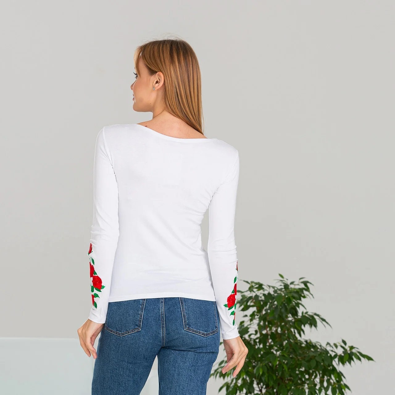 Sizes S,L,3XL. White Blouse with Red Rose Embroidery - Ukrainian Floral Folk Shirt