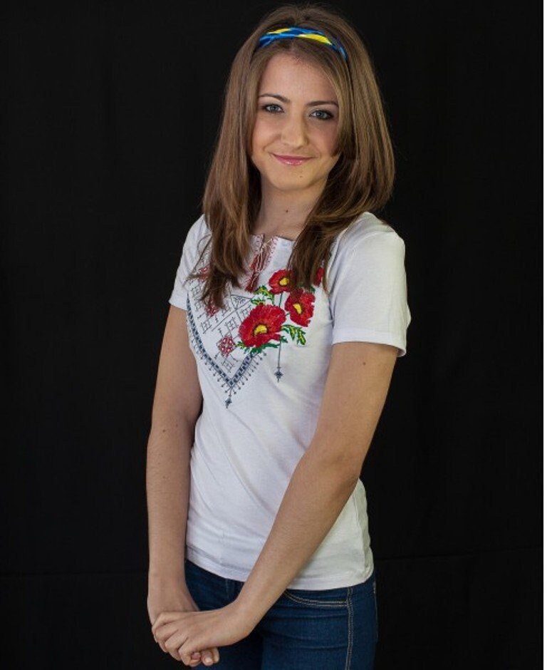 Sizes S,XL. White Embroidered Tee with Triangle Folk Roses - Ukrainian Boho T-Shirt
