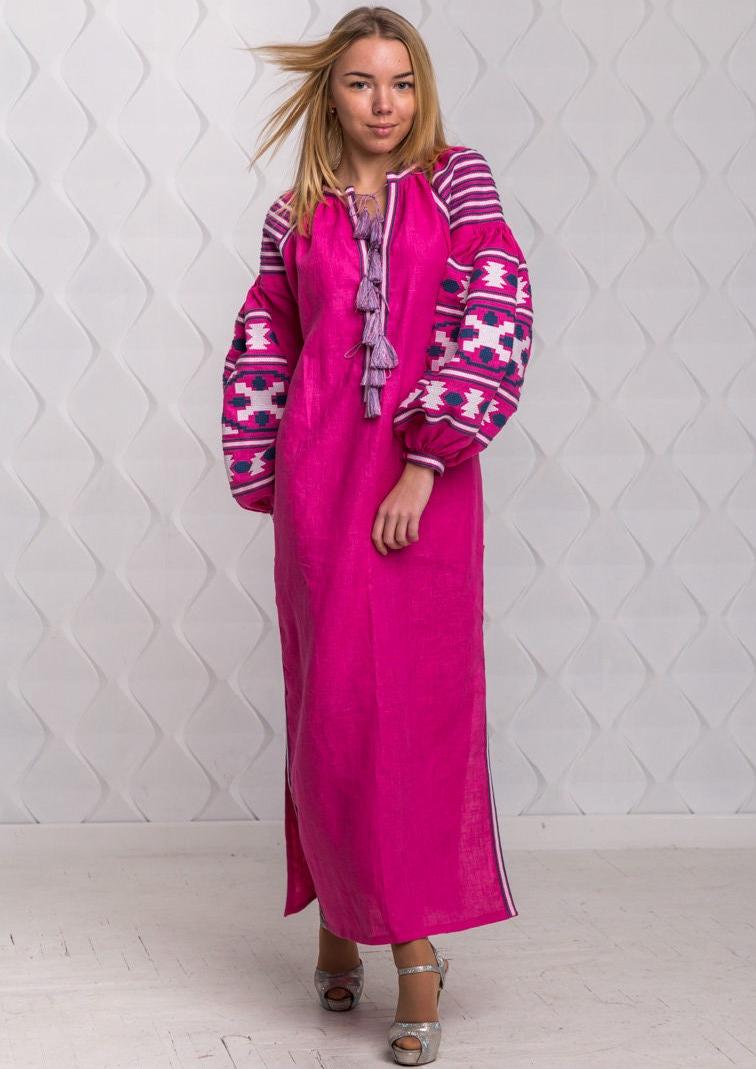 Size 4US/S! Fuchsia Linen Embroidered Dress with Tassels - Ukrainian Folk Maxi Dress