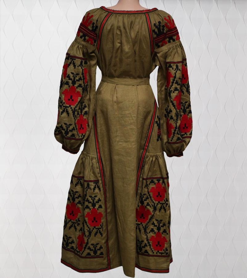 Size M! Bohemian Chic Olive Linen Embroidered Dress. Folk Style Maxi Dress with Red Floral. Handmade Ethnic Kaftan. Traditional Gypsy Abaya Dress