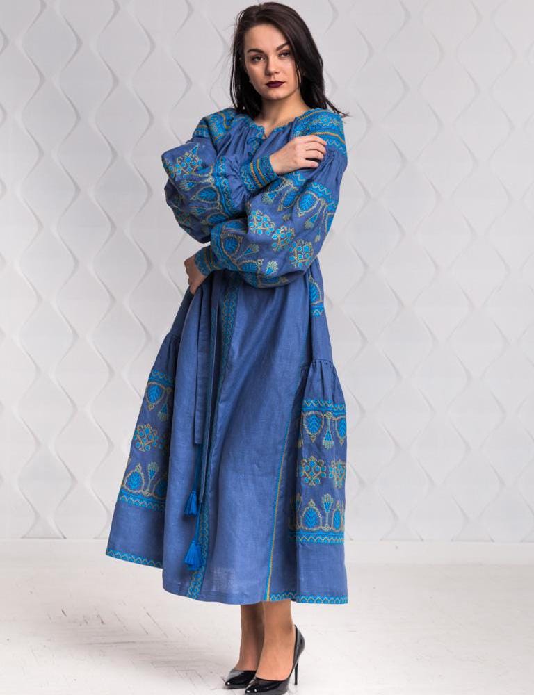 Size M! Blue Linen Embroidered Dress with Tassels - Ukrainian Folk Maxi Dress