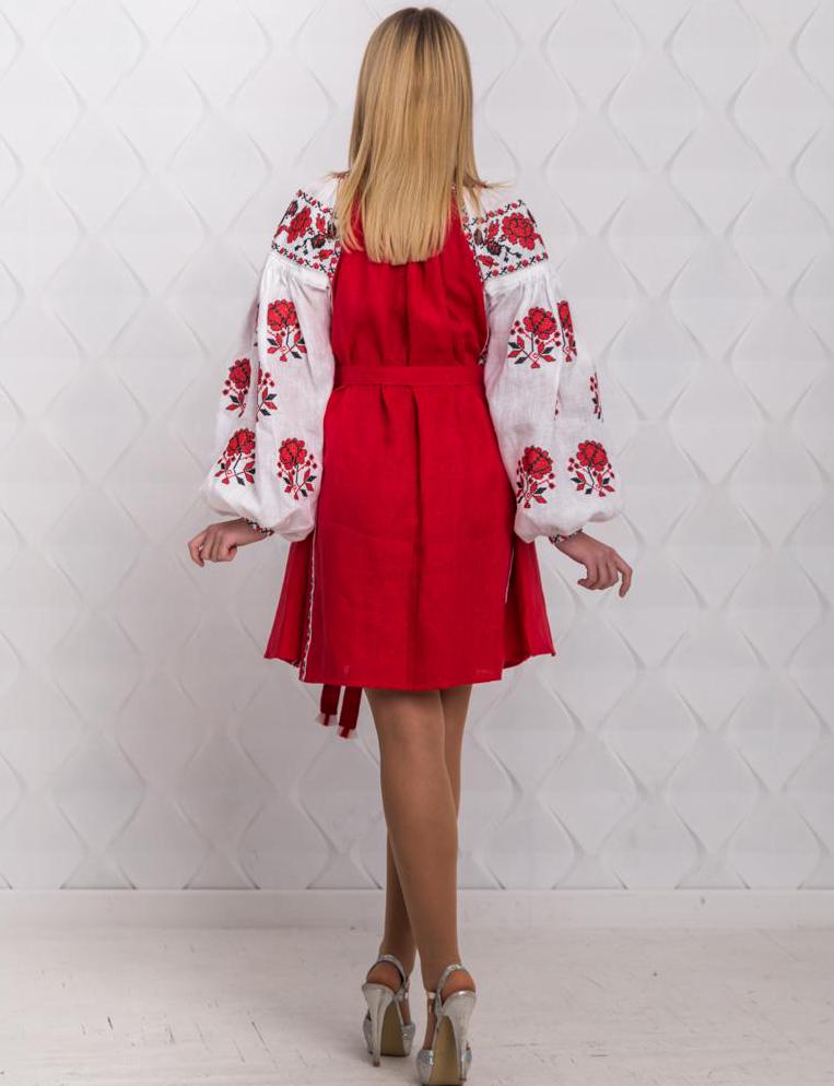 Size 4US! Red Floral Embroidered Linen Dress - Ukrainian Folk Vyshyvanka