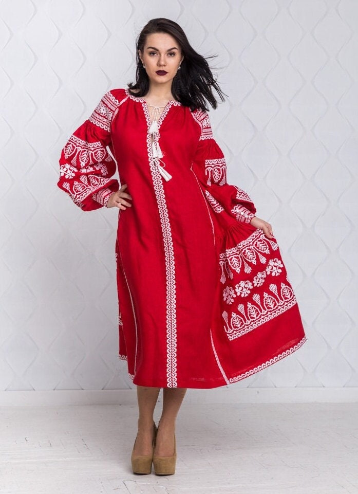 Size 6US! Embroidered Red Midi Dress - Ukrainian White Embroidery Boho Dress - Chic Stylish Midi Outfit