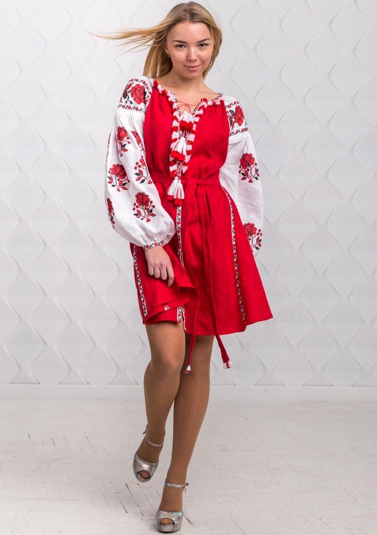 Size 4US! Red Floral Embroidered Linen Dress - Ukrainian Folk Vyshyvanka