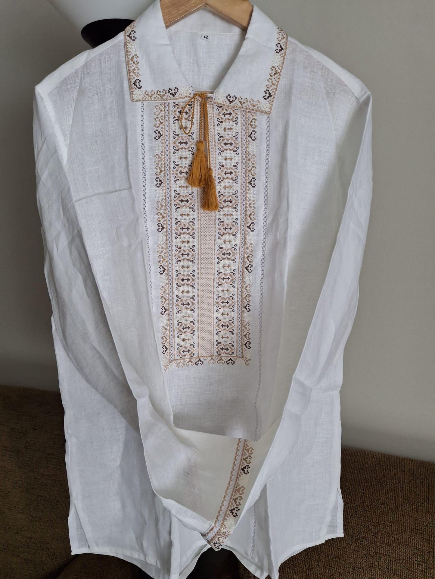 Size L! Men's White Linen Shirt with Beige Ukrainian Embroidery - Elegant Ethnic Men's Embroidered Linen Shirt