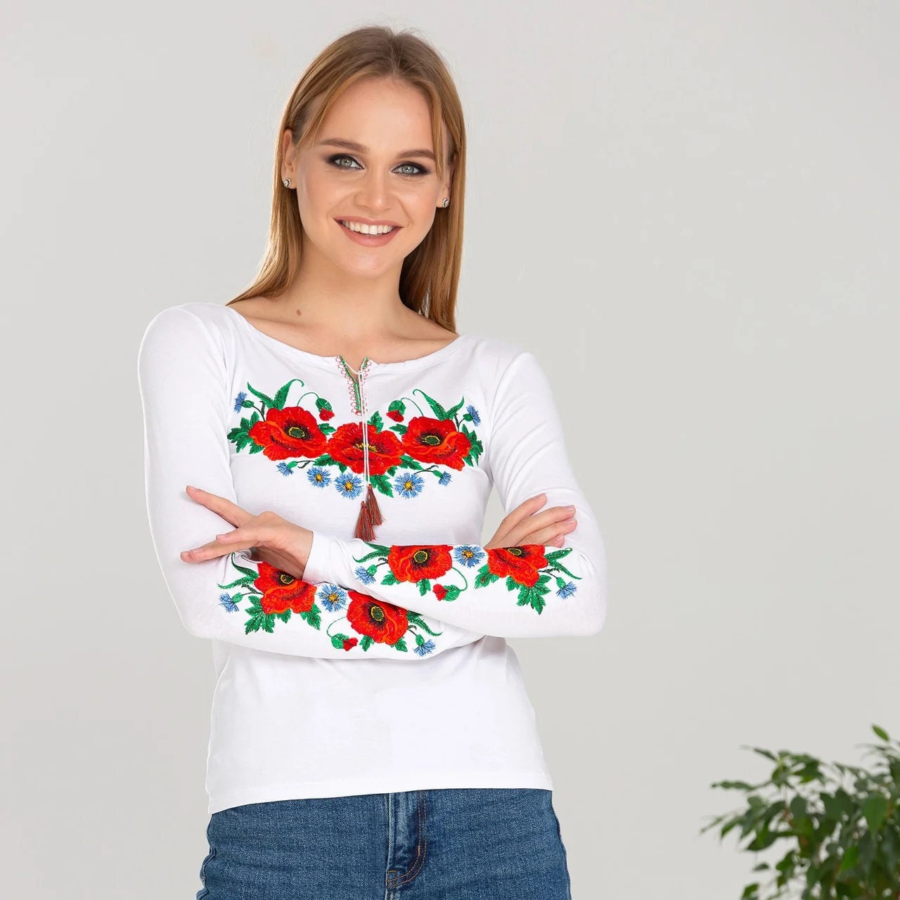 Sizes M,XL,XXL. White Floral Embroidered T-Shirt – Bohemian Ukrainian Blouse with Poppy and Mexican Botanical Folk Design