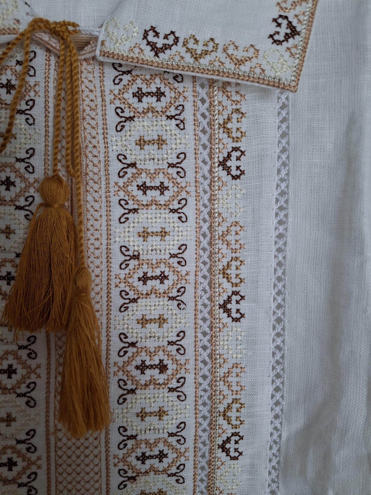 Size L! Men's White Linen Shirt with Beige Ukrainian Embroidery - Elegant Ethnic Men's Embroidered Linen Shirt
