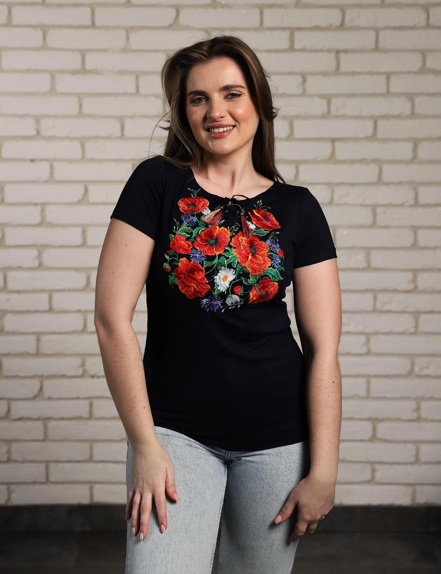Size M. Navy Blue Embroidered T-Shirt - Women's Floral Ukrainian Vyshyvanka Tee - Boho Folk Top with Poppies and Wildflowers