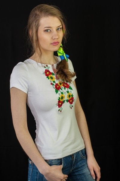 Sizes S,XL,XXL. White T-Shirt with Floral Embroidery - Mexican Sunflower Blouse