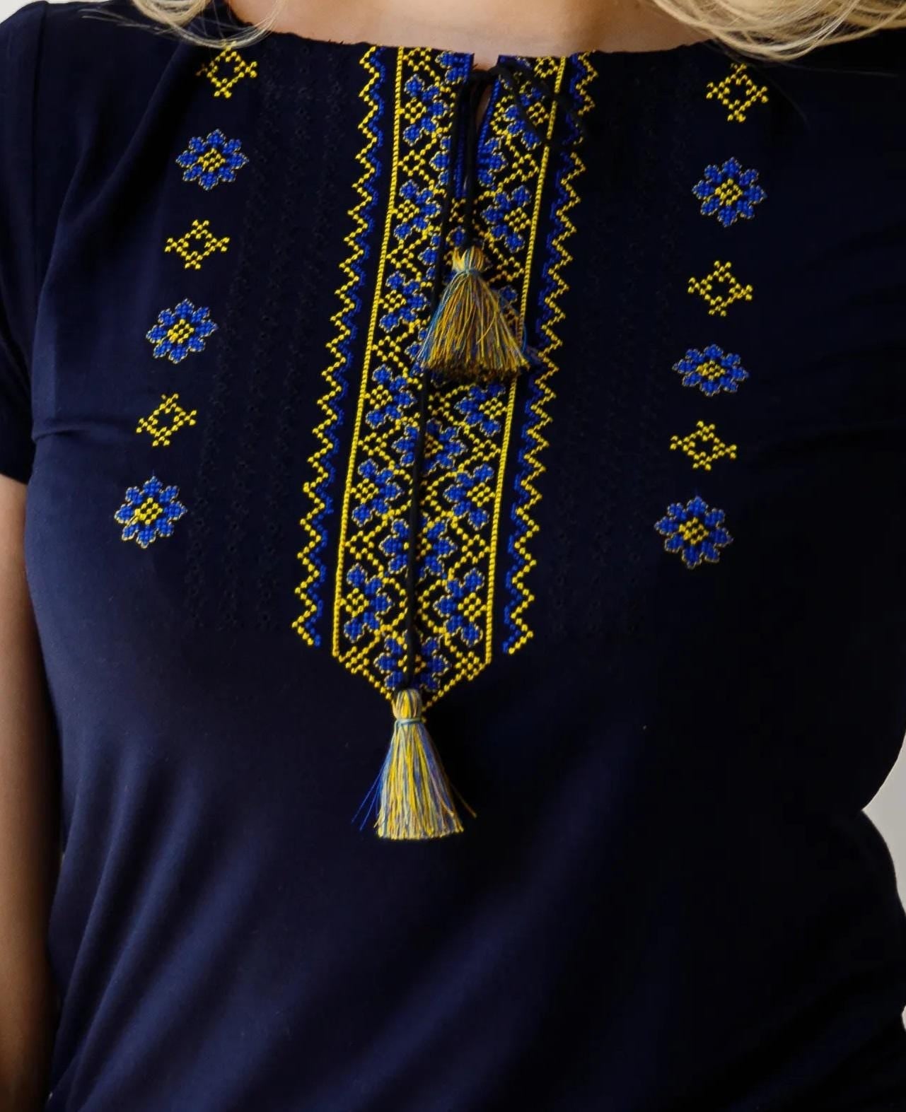 Sizes M,L,XL. Navy Embroidered T-Shirt with Tassels - Ukrainian Folk Floral Tee
