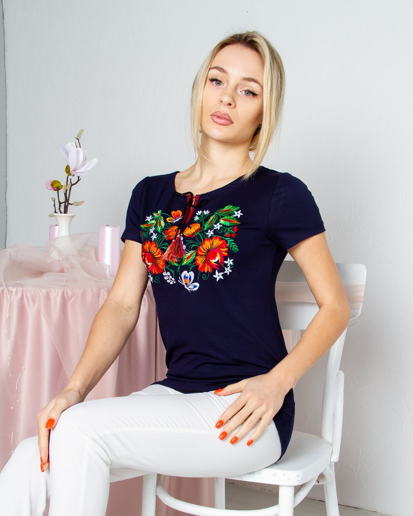 Sizes M-XXL. Navy Embroidered Floral T-Shirt – Bohemian Ukrainian Folk Top with Colorful Mexican-Inspired Flowers and Botanical Cross Stitch Design