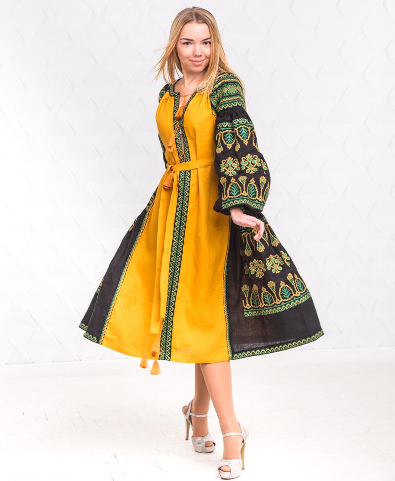 Size S! Mustard Boho Dress - Embroidered Linen Ukrainian Kaftan - Bohemian Chic Traditional Dress - Mexican Ethnic Outfit